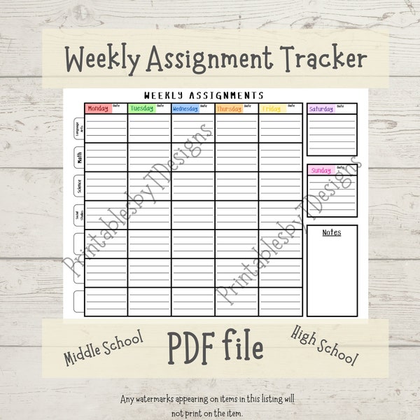 Weekly Assignment Tracker, one page, Homework Planner, middle school, high school student planner, PDF, home school printable seven subjects