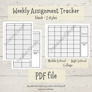 Weekly Assignment Tracker, blank, Homework Planner, middle school high school college student planner home school printable planner template