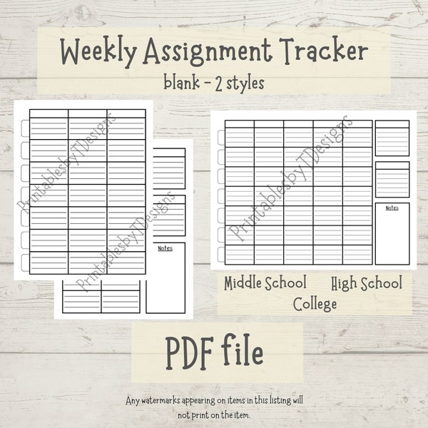 Weekly Assignment Tracker, blank, Homework Planner, middle school high school college student planner home school printable planner template