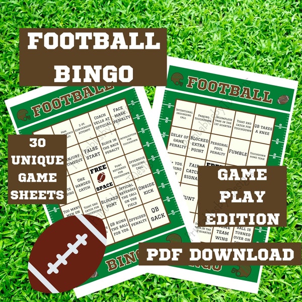 Football BINGO PDF, party game, watch party game, football game printable, play bingo card game, bingo game, 2024 game, 30 unique sheets