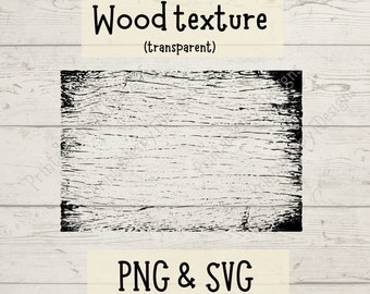 May include: Black and white wood texture graphic with a distressed look. The graphic is on a white background and says "Wood texture (transparent)" at the top and "PNG & SVG" at the bottom. The text at the bottom also says "Any watermarks appearing on items in this listing will not print on the item."