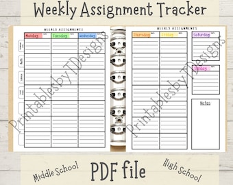 Weekly Assignment Tracker, two pages, Homework Planner, middle school, high school student planner, PDF, home school printable seven subject