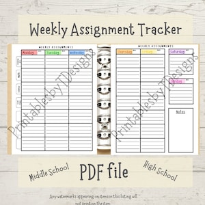 Weekly Assignment Tracker, two pages, Homework Planner, middle school, high school student planner, PDF, home school printable seven subject