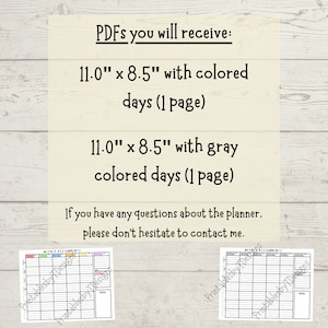 May include: Two printable weekly assignment planner templates. The first template has colored days and the second template has gray days. Both templates are 11 inches by 8.5 inches.