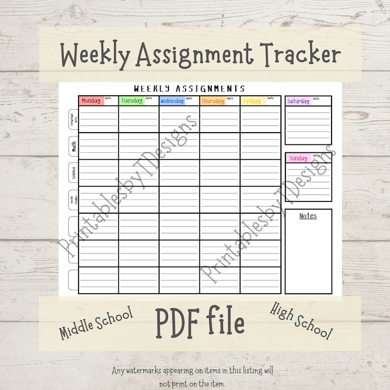 May include: A black and white printable weekly assignment tracker with a colorful header. The tracker is divided into seven columns for each day of the week, with rows for different subjects. The tracker also includes a notes section.