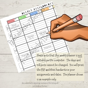 Weekly Assignment Tracker, one page, Homework Planner, middle school, high school student planner, PDF, home school printable seven subjects image 3
