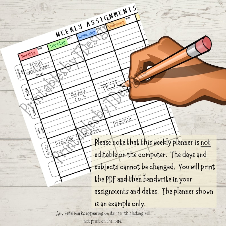 Weekly Assignment Tracker, one page, Homework Planner, middle school, high school student planner, PDF, home school printable seven subjects image 3