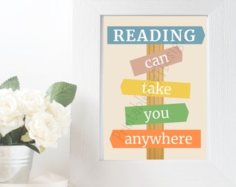 Reading can take you anywhere, wall art, classroom printable, reading quote, home decor, PDF Print at home instant download