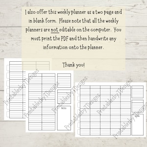 May include: A printable weekly planner with a two-page layout. The planner is divided into sections for each day of the week, with space for notes. The text "Printable by T Designs" appears on the page.