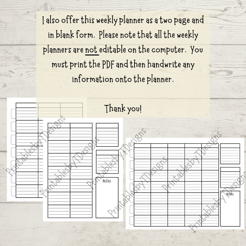 May include: A printable weekly planner with a two-page layout. The planner is divided into sections for each day of the week, with space for notes. The text "Printable by T Designs" appears on the page.
