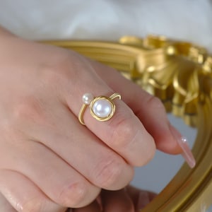 Gold Double Pearl Ring - Freshwater Pearl Ring - Minimalist Adjustable Ring - Gold Rim Pearl - Wedding Bridal Jewelry - Delicate Mother Gift