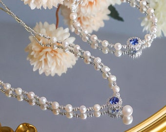 Sapphire Blue CZ Pearl Jewelry Set – White Gold Necklace and Bracelet