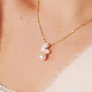 Romantic Pink Heart with Pearl Drop Necklace – Heart Pendant, Mother of Pearl charm, Chain Necklace, Gift for her, Valentine&#39;s Day gift