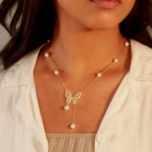 Gold Butterfly Necklace with Pearl - Stunning Charm Chain Necklace - Freshwater Pearl beaded Necklace, Bridal Necklace - Wedding Jewelry