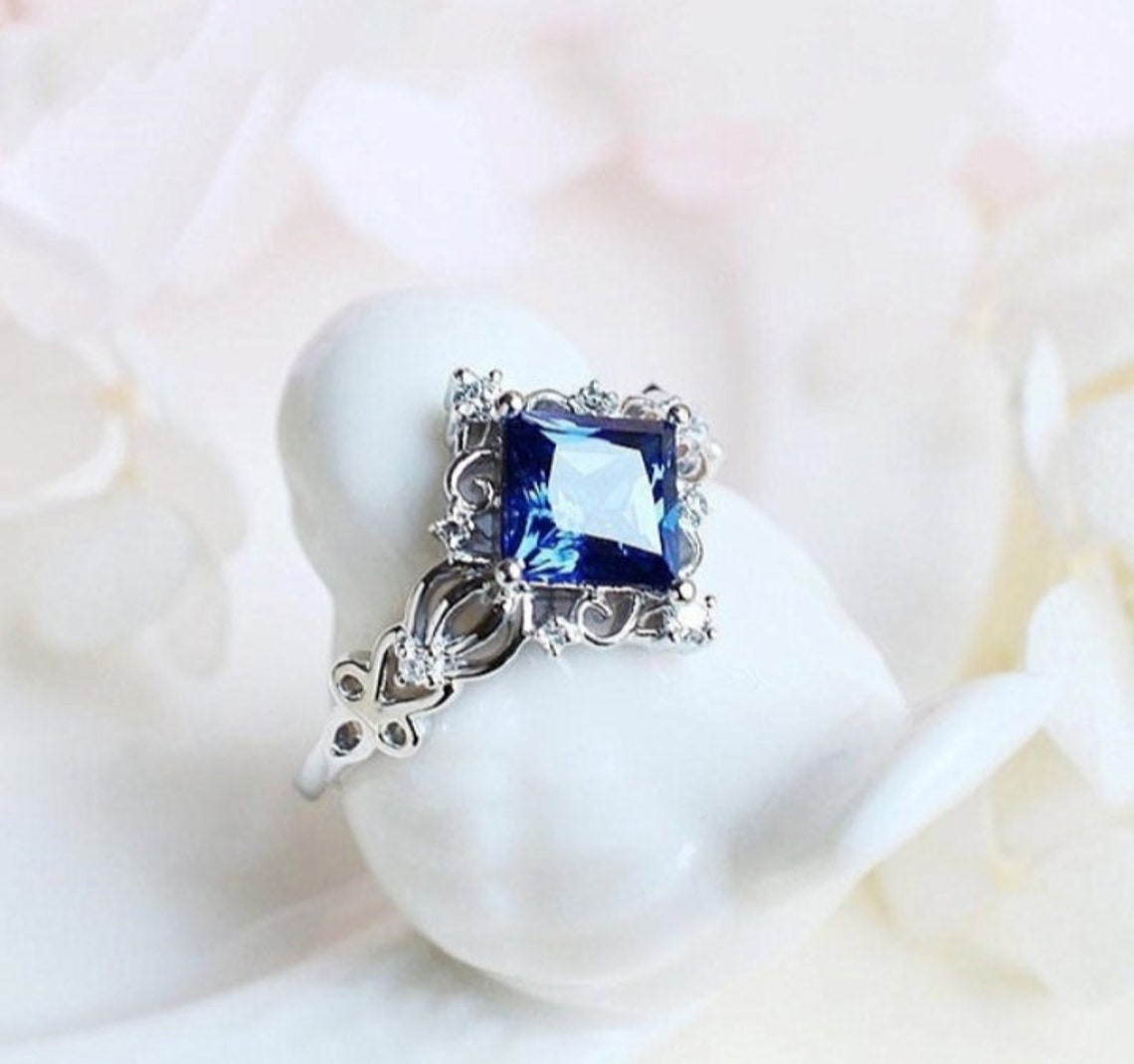 Princess Cut Sapphire Engagement Ring Sterling Silver Etsy