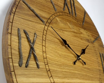 Large Wall Clock With Ropes, 50cm / 19.7" Vintage Wall Clock, Natural Oak Wall Clock, Giant Rustic Wall Clock