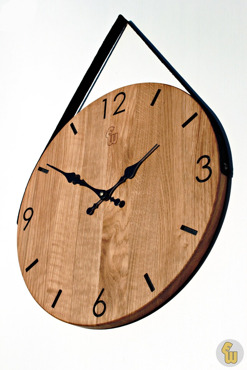 Wall Clock Leather Strap Oak Wood Wall Clock Handmade Wall Etsy