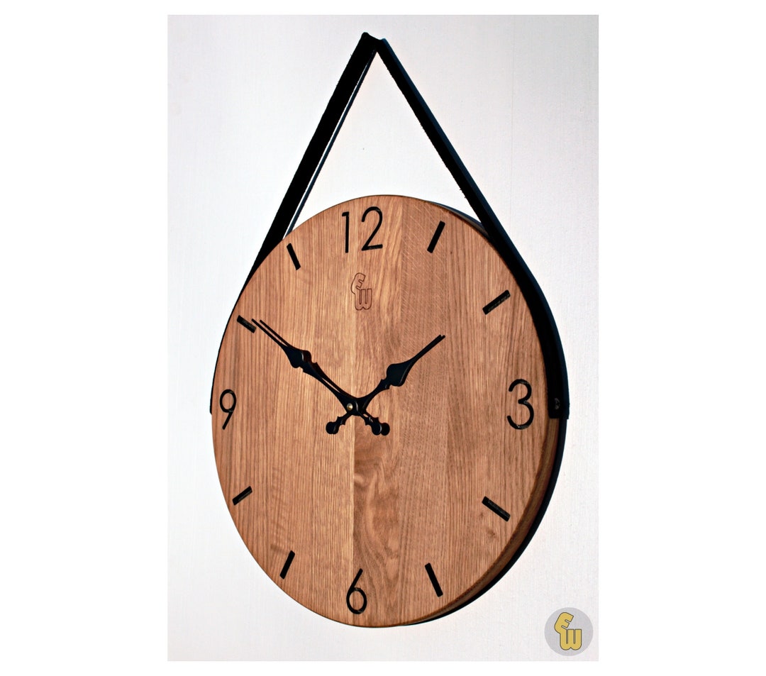 Wall Clock Leather Strap Oak Wood Wall Clock Handmade Wall Etsy