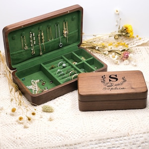 Portagioie in legno personalizzato, portagioie in velluto verde personalizzato, portagioie in legno unico, portagioie, regalo di compleanno per lei