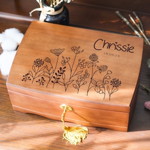 Personalisierte Feld Blumen Geschenkbox, Retro Schmuckschatulle, Schmuckschatulle für Sie, Erinnerungsbox aus Holz, individuelles Muttertagsgeschenk