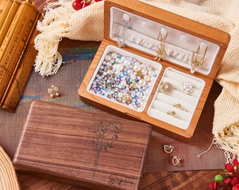 Boîte à bijoux personnalisée fleur de naissance, boîte à bijoux en bois unique pour femme, cadeau d'anniversaire, cadeau de proposition de demoiselle d'honneur, cadeau pour maman, boîte à bijoux de voyage