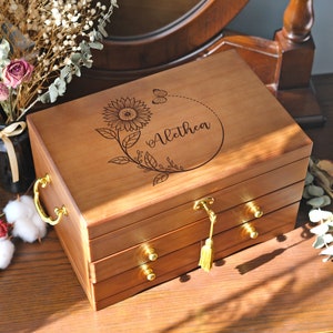 Joyero de madera personalizado, Joyero de madera grabado personalizado, Regalo de flor floral personalizado, Caja del Día de la Madre, Caja de regalo retro para ella