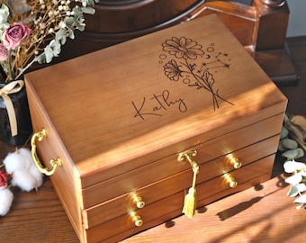 Personalized Wooden Jewelry Box, Custom Engraved Wooden Birth Flower Jewelry Box with Lock and Key, Jewelry Box Large Retro Box Gift for Her