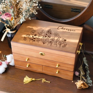 Personalisierte Holz Schmuckschatulle, individuell gravierte Holz Schmuckschatulle Personalisierte Blumenblume Geschenk, Geschenk für Liebhaber, Retro Box Geschenk für Sie
