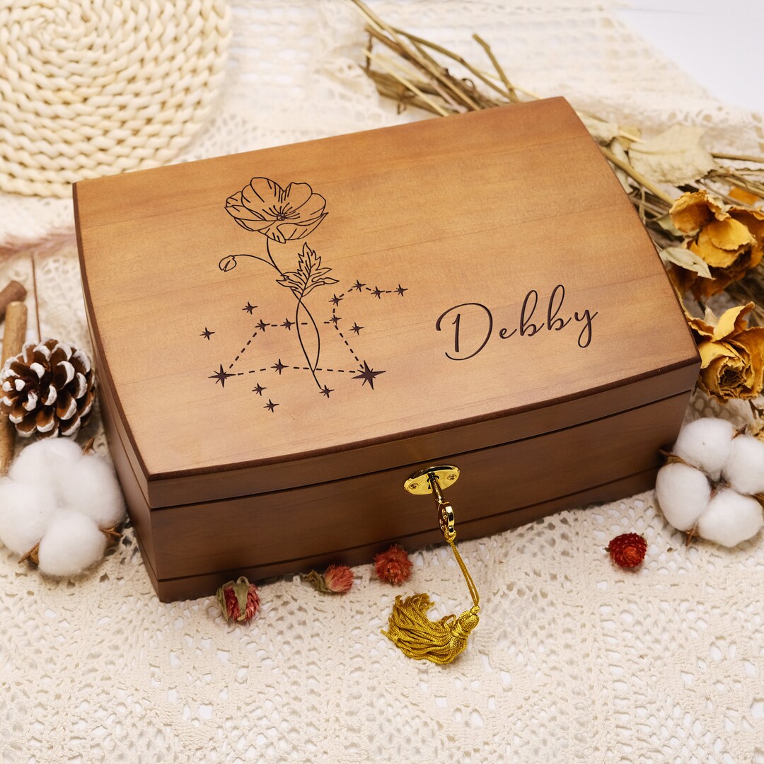Personalized Wooden Jewelry Box, Customized Birth Flower Jewelry Box