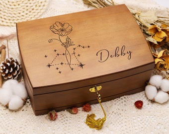 Personalized Wooden Jewelry Box, Customized Birth Flower Jewelry Box, Personalized Wooden Jewelry Box with Lock and Key, Retro Gift for Her