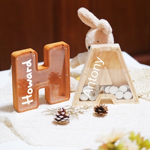 Alcancía personalizada para niños, alcancía personalizada, caja de monedas de madera, regalo de madera para niños, banco de cartas personalizado, regalo de baby shower, alcancía de madera