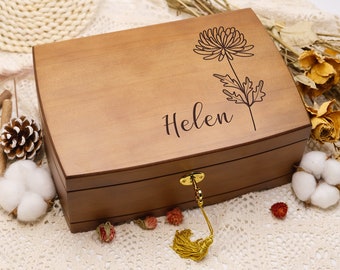 Personalized Wooden Jewelry Box, Customized Birth Flower Jewelry Box, Personalized Wooden Jewelry Box with Lock and Key, Retro Gift for Her