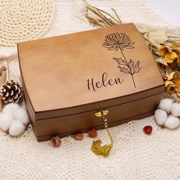 Personalized Wooden Jewelry Box, Customized Birth Flower Jewelry Box, Personalized Wooden Jewelry Box with Lock and Key, Retro Gift for Her