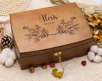 Boîte à bijoux en bois personnalisée, boîte à bijoux rétro personnalisée, boîte à bijoux en bois personnalisée avec cadenas et clé, cadeau rétro élégant pour elle