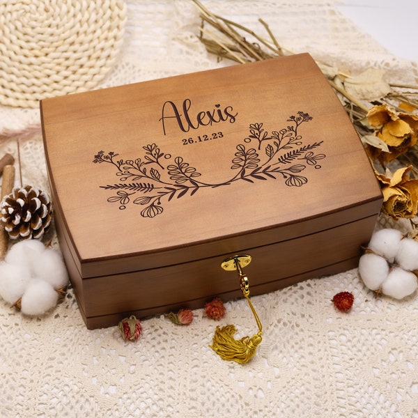 Boîte à bijoux en bois personnalisée, boîte à bijoux rétro personnalisée, boîte à bijoux en bois personnalisée avec serrure et clé, cadeau rétro élégant pour elle