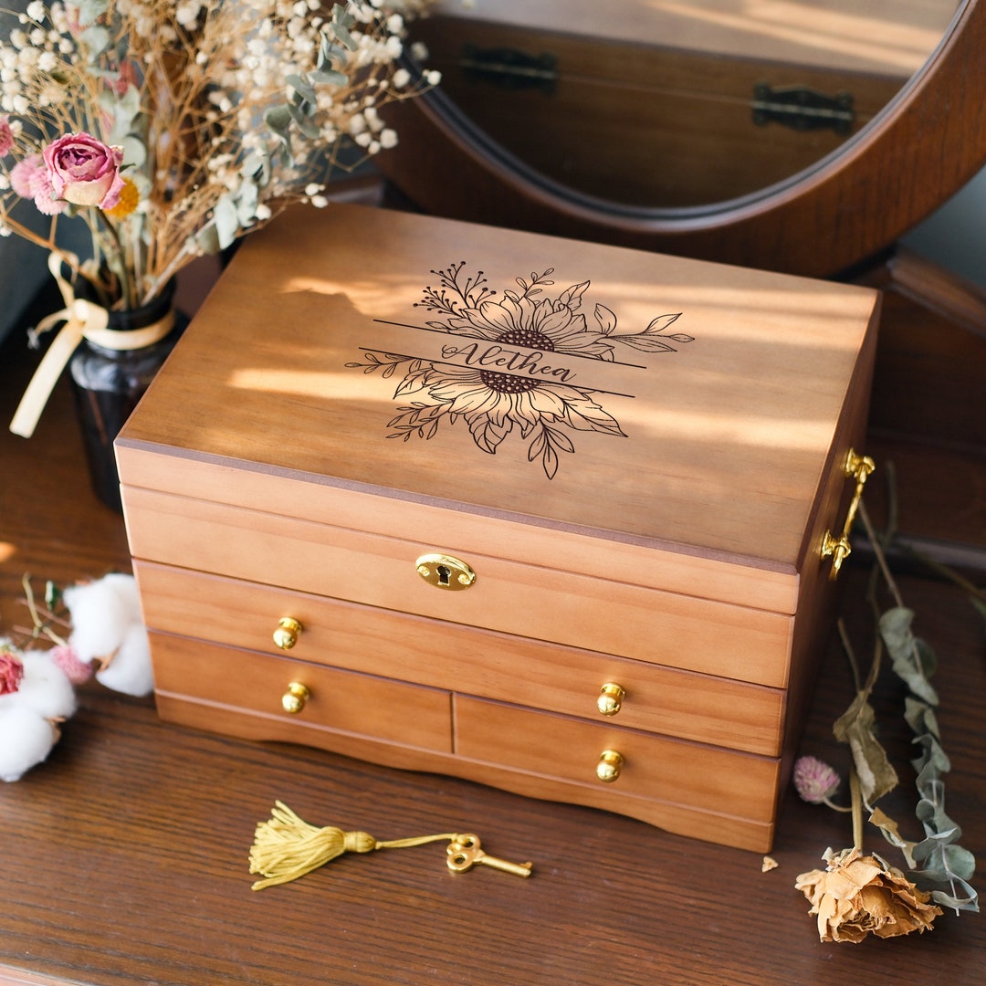 Personalized Wooden Jewelry Box, Custom Engraved Wooden Jewelry Box