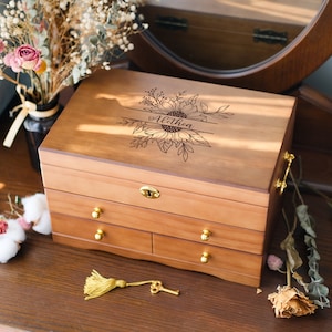 Personalisierte Holz Schmuckschatulle, individuell gravierte Holzschmuckschatulle mit Schloss und Schlüssel, Schmuckschatulle mit Schubladen, große Retro-Box Geschenk für Sie