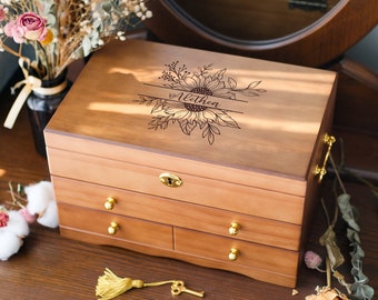 Personalized Wooden Jewelry Box, Custom Engraved Wooden Jewelry Box with Lock and Key, Jewelry Box with Drawers,Large Retro Box Gift for Her