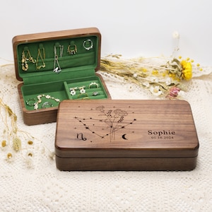 Personalisierte Konstellation Holz Schmuckschatulle, personalisierte Schmuckschatulle aus grünem Samt, einzigartige Schmuckschatulle, Schmuckaufbewahrungsbox, Geburtstagsgeschenk