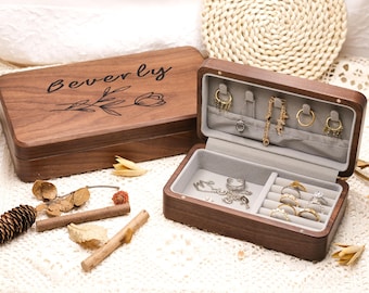 Personalized Wooden Jewelry Box, Personalized Gray Velvet Jewelry Box, Unique Wooden Jewelry Box, Jewelry Storage Box,Birthday Gift for Her
