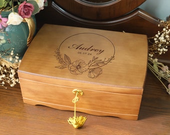 Joyero de madera personalizado, joyero retro personalizado, organizador de joyas grande con cerradura, elegante regalo de boda retro para ella.