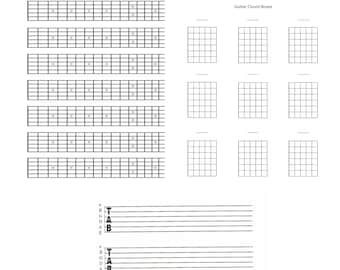 Tablature, Fretboard, and chord box chart diagrams. Six string guitars. Songwriting tool for guitar players. Instant download.