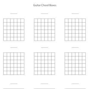 7-snarige blanco gitaarakkoorddiagrammen in 11x8,5- en A4-formaten