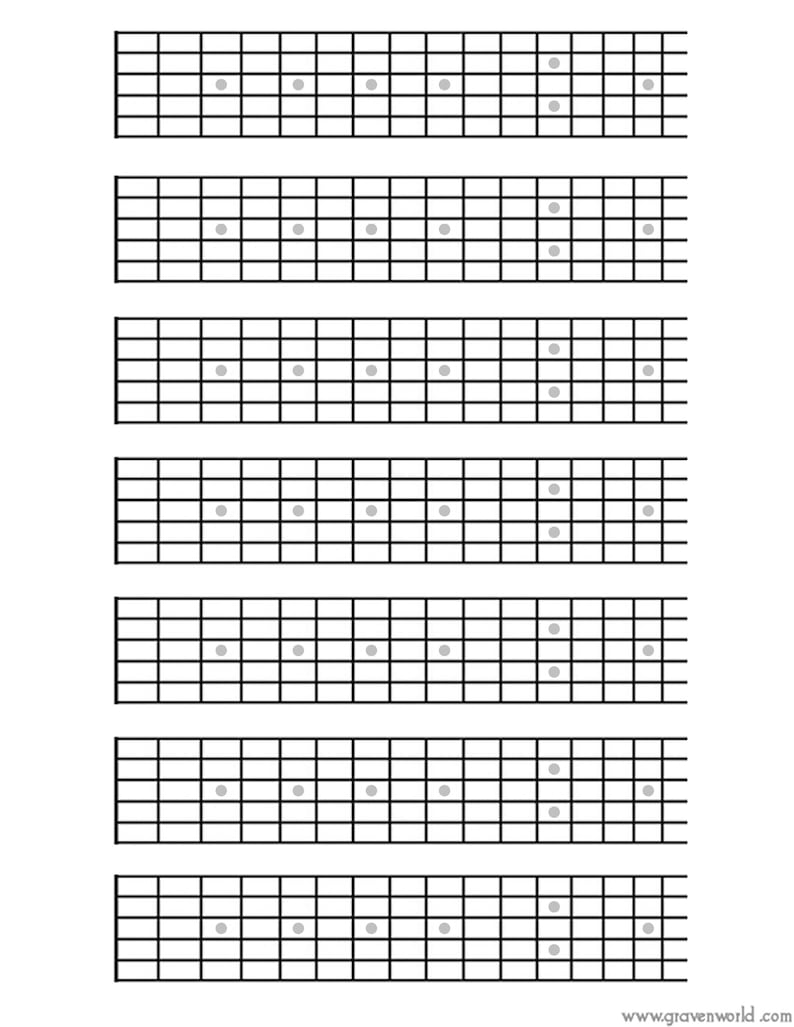 6 String Printable guitar blank fretboard chart diagrams. Songwriting tool for guitar players. Instant download and Printable PDF. image 1