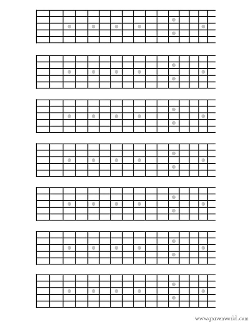 6 String Printable guitar blank fretboard chart diagrams. Songwriting tool for guitar players. Instant download and Printable PDF. image 1