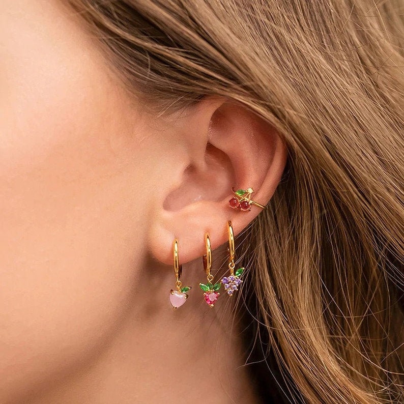 korean fruit earrings crystal fruit earrings cute kpop fruit earrings kawaii cherry cuffs cherry ear cuff cute cuffs jewel earrings