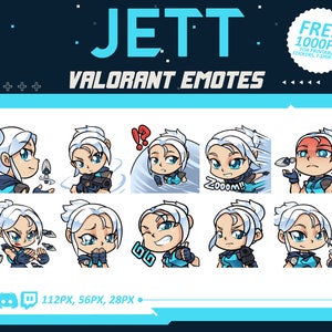 Valorant emotes, Valorant Character, Jett Emotes, Jett, Jett Valorant, Emotes bundle, Cartoon Emotes for Twitch and Discord Streamer