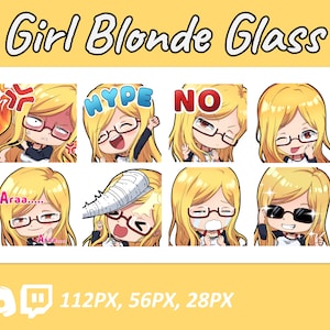 Chibi Girl Emotes, Blonde Hair, Glasses, Cute Emotes, Anime Emotes, Little Girl, Twitch, Discord Emotes for Streamer, Cute Emotes.