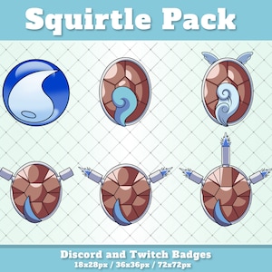 May include: A set of six Squirtle-themed Discord and Twitch badges. The badges feature a blue water drop, a brown turtle shell with a blue water swirl, and a brown turtle shell with blue flames. The badges are available in three sizes: 18x28px, 36x36px, and 72x72px.