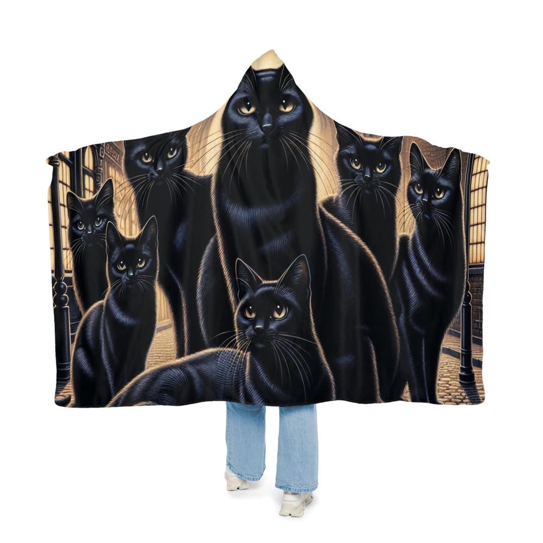 Black Cat Knit Pattern Print Hooded Blanket